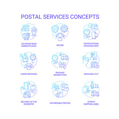 Post service advantages blue gradient concept icons set. Delivery company. Mail pros. Shipping benefits idea thin line color illustrations. Isolated symbols. Roboto-Medium, Myriad Pro-Bold fonts used