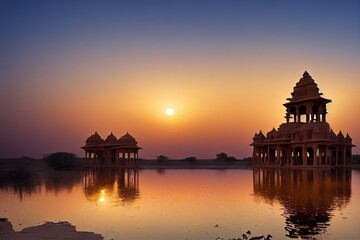 Fototapeta premium Ancient temple at Gadi Sagar (Gadisar) lake Jaisalmer Rajasthan, India at dawn.