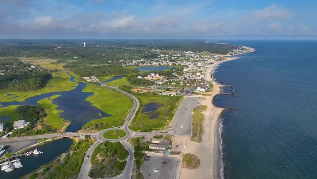 West Dennis Beach aerial view and West Dennis Yacht Club on Bass River mouth in town of Dennis, Massachusetts MA, USA. 