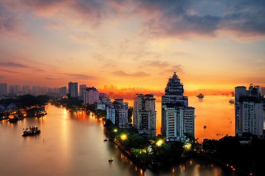 Aerial skyline view of Hanoi. Hanoi cityscape at twilight