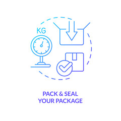 Pack and seal your package blue gradient concept icon. Parcel requirements. Delivery size limit abstract idea thin line illustration. Isolated outline drawing. Myriad Pro-Bold font used