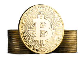 Golden bitcoin and a pile of coins, money concept