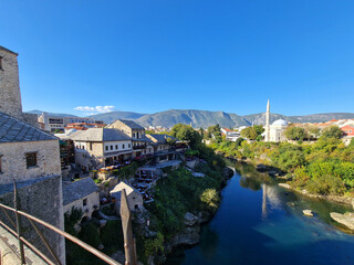 Fototapeta na wymiar Mostar - iconic old town with famous bridge in Bosnia and Herzegovina. popular tourist destination