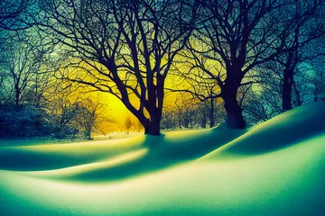 Foto op Canvas Silhouet van een boom geïsoleerd in de sneeuw en kou van de winter. Warm landschap van het koude seizoen dat kracht en kracht geeft aan het leven met hoop op wedergeboorte. © XaMaps