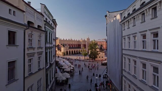 Aerial view of Grodzka Street, St Mary's Basilica (Mariacki Church) in old Town of Krak&oacute;w (Cracow), Poland. Mariacki church, Market square, Sukiennice, City Hall (Ratusz)