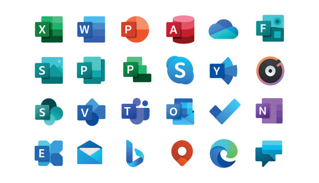 Set icons Microsoft Office 365: excel,word,OneNote, Yammer, Sway, PowerPoint, Access, Outlook, Publisher, SharePoint, OneDrive, Skype, Exchange, Teams....on transparent background. PNG image