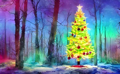 Naklejka na ściany i meble The Christmas tree watercolor painting is a beautiful and festive scene. The tree is adorned with ornaments of all different colors, sizes, and shapes. Lights are twinkling among the greenery, and pre