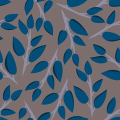 abstract floral seamless repeating pattern with blue twigs and leaves on grey background. design for textile, home decor and stationery