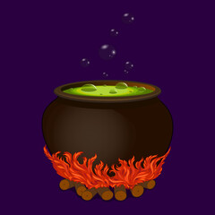 Cartoon vector witch cauldron with boiling potion of poison and bonfire