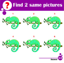 Children educational game. Find two same pictures of cute chameleon