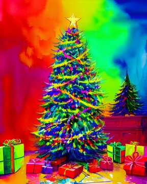 A beautiful watercolor painting of a Christmas tree. The tree is tall and slender, with bright green needles and colorful decorations. The background is white, making the colors pop.