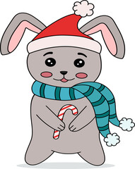 Cute Christmas bunny with lollipop candy. Funny Christmas character for design, printing, postcards, posters. Flat cartoon vector illustration on a white background.The symbol of the Chinese New Year 