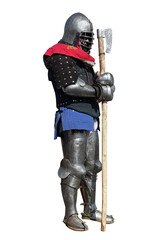 Medieval knight in armor stands with a battle axe.