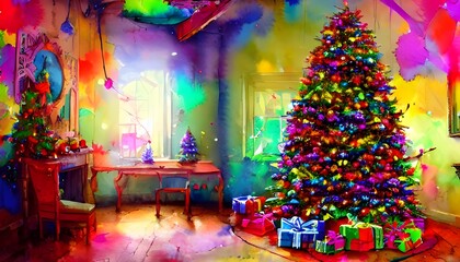 In this painting, a Christmas tree is portrayed in watercolors. The colors are soft and muted, giving the painting a calming feeling. The tree itself is surrounded by presents, all wrapped in differen