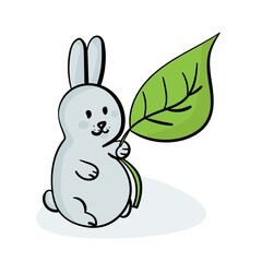 Cute doodle rabbit with a leaf, cute animal character for postcard or design