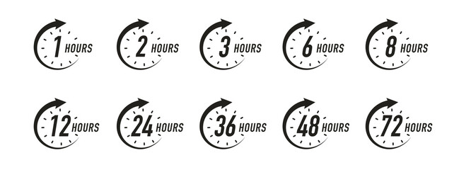 Hours timer vector symbol set black color style isolated on white background. Clock, stopwatch, cooking time label. 10 eps