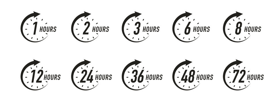 Hours timer vector symbol set black color style isolated on white background. Clock, stopwatch, cooking time label. 10 eps