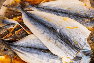 Dried fish. Snack for beer. Background with selective focus and copy space