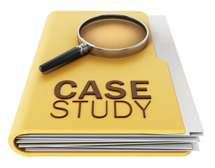 Case study text under magnifying glass on transparent background