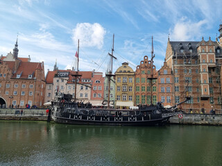 near river, near bridge, old town of Gdansk, ship