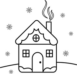 Vector illustration of a winter village house isolated on a white background. Black outline. Great for New Year, Christmas design and coloring books, advertising, Christmas card.