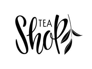 Vector logo tea shop with leaves. Vector Hand written Calligraphy Lettering Template advertising, logotype, banner, poster. Organic Natural Eco Bio drink Products Label. Business concept icon