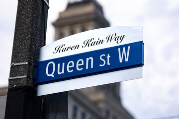 Queen Street West, Karen Kain Way, street signage in downtown Toronto, Ontario, Canada.