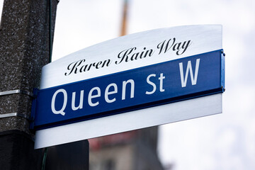 Queen Street West, Karen Kain Way, street sign in downtown Toronto, Ontario, Canada