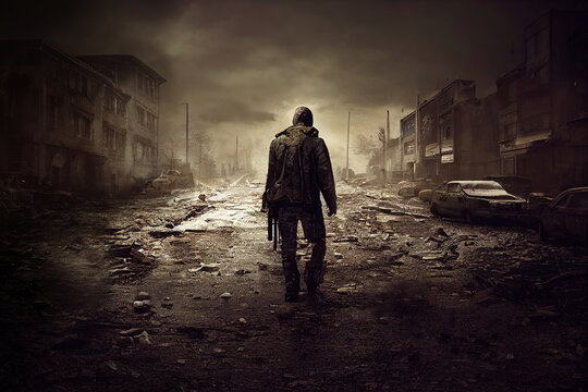 sc&egrave;ne post apocalyptique avec un personnage de dos