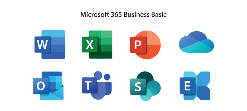 Set icons Microsoft Office 365, Microsoft 365 business basic applications:excel,word,OneNote, Yammer, Sway, PowerPoint, Access, Outlook, Publisher, SharePoint, One on transparent background. PNG image