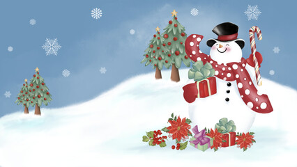 Snowman with a black hat and red scarf with circle pattern is holding gift box and a candy cane. Gift boxes, Christmas flowers and berries on the snow. Christmas Trees at behind. Watercolor  image.
