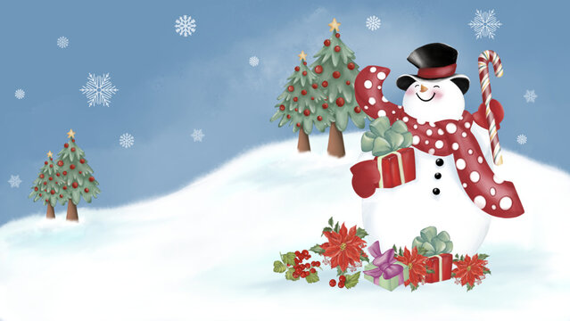 Snowman with a black hat and red scarf with circle pattern is holding gift box and a candy cane. Gift boxes, Christmas flowers and berries on the snow. Christmas Trees at behind. Watercolor  image.