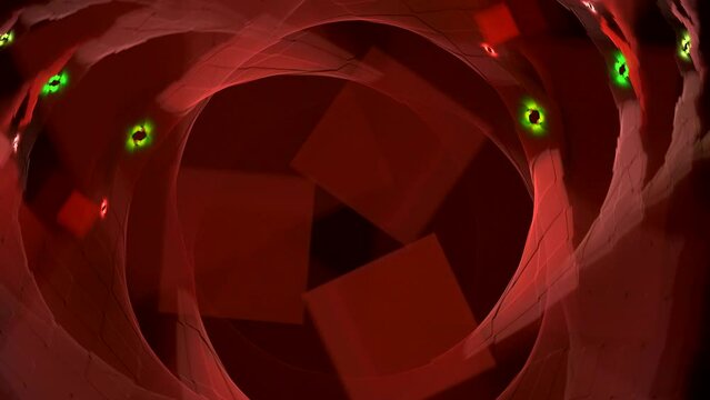 A swirling red pattern of crooked waves and squares on a black background. Abstract fractal video.