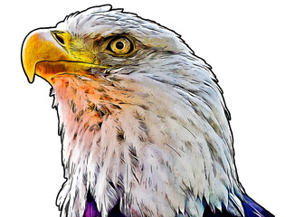 PNG with a transparent background digital portrait painting comic book style illustration of a bald eagle