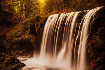 A beautiful waterfall in a forest in autumn looks like it is suspended in time, with the trees and leaves appearing ghostly in the long exposure. 3D illustration.