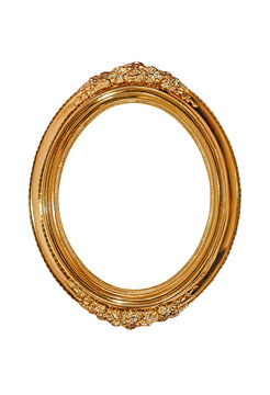 Golden oval picture frame isolated on transparent.