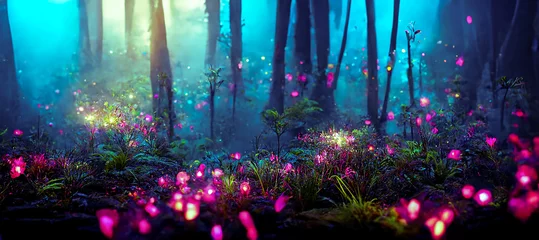 Fotobehang Abstract landscape. Colorful art fantasy landscape with a forest and glowing lights. Background illustration. Digital art image. © PhotoGranary