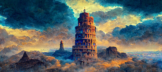 Abstract landscape. Colorful art landscape with the tower of Babel in dramatic light. Art illustration. Digital art image.