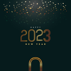 Fototapeta na wymiar 2023 New Year Luxury Background With Dark Golden Theme. Greeting Card, Banner, Poster. Vector Illustration. Luxury design happy new year 2023 with gold number