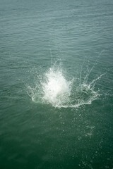 Obraz premium Sea water splashes after jumping to the ocean on dark green ripples background