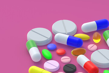 Many pills scattered on pink background. Concept of healthcare and medical. Dosage of medications and vitamins. Copy space. 3d render