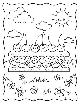 Millefeuille with cream, raspberries and cherries. Coloring. Sweet dessert. Kawaii. Black and white vector illustration.