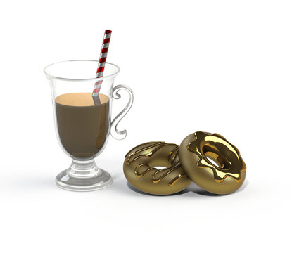 Coffee and Gold Donuts, 3D rendering