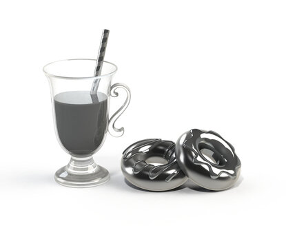Coffee and Donuts, all silver , 3D rendering