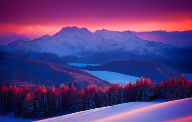 A peaceful winter landscape with a view of snowy mountains. The snow is everywhere, silent and covering the trees in front of a colorful sunset. 3D illustration.