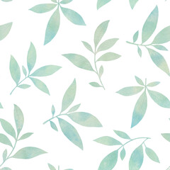 Composition of green leaves and branches on a white background. suitable for the design of wrappers, wallpapers, wedding invitations, cards, greeting cards. Seamless watercolor floral pattern.