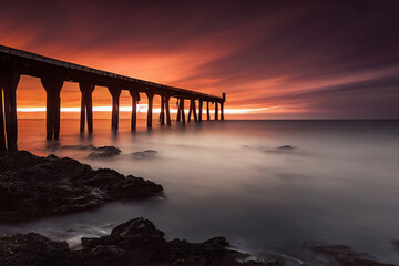 The sunset and the ocean are both beautiful, with a wooden pontoon sticking out slightly into the water. It looks like a perfect place to take a break and relax. 3D illustration.