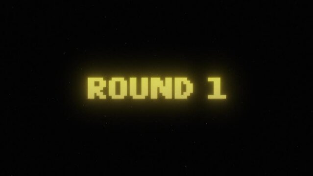 Round 1 message neon retro vintage 8 bit game over black screen.