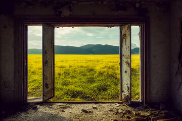 An old door in an isolated ruin in a beautiful and fantastic landscape. The door could be a doorway to a new world or another dimension. 3D illustration.