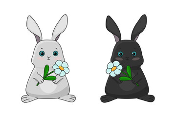 A black bunny and a gray bunny with a flower on a white background. Vector illustration
